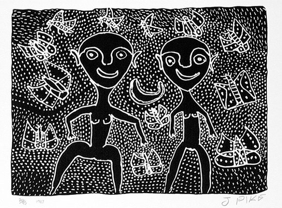 Artist: b'Pike, Jimmy.' | Title: b'Two little girls' | Date: 1987 | Technique: b'screenprint, printed in black ink, from one stencil' Artist: b'Pike, Jimmy.' | Title: b'Two little girls' | Date: 1987 | Technique: b'screenprint, printed in black ink, from one stencil'