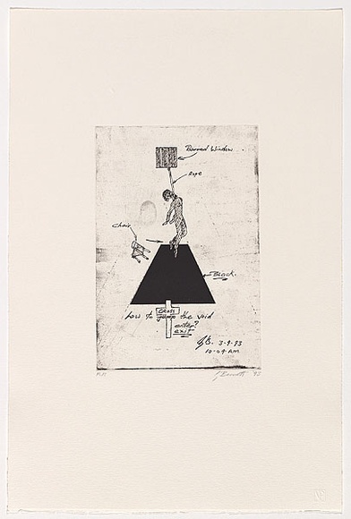 Artist: b'Bennett, Gordon.' | Title: b'How to cross the void' | Date: 1993 | Technique: b'soft-ground etching, printed in black ink, from one plate' | Copyright: b'\xc2\xa9 Gordon Bennett, Licensed by VISCOPY, Australia' Artist: b'Bennett, Gordon.' | Title: b'How to cross the void' | Date: 1993 | Technique: b'soft-ground etching, printed in black ink, from one plate' | Copyright: b'\xc2\xa9 Gordon Bennett, Licensed by VISCOPY, Australia'