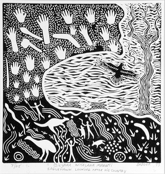 Artist: b'Bates, Badger' | Title: b'Bilyara witalana marnti (Eaglehawk looking after his country)' | Date: 1993 | Technique: b'linocut, printed in black ink, from one block,' Artist: b'Bates, Badger' | Title: b'Bilyara witalana marnti (Eaglehawk looking after his country)' | Date: 1993 | Technique: b'linocut, printed in black ink, from one block,'