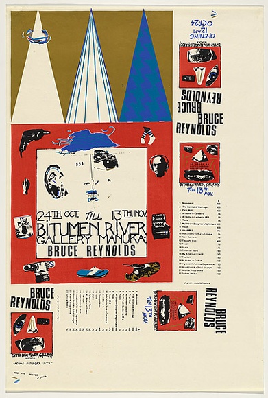 Artist: b'Reynolds, Bruce.' | Title: b'Bitumen River Gallery Manuka - Bruce Reynolds' | Date: 1982 | Technique: b'screenprint, printed in colour, from five stencils' Artist: b'Reynolds, Bruce.' | Title: b'Bitumen River Gallery Manuka - Bruce Reynolds' | Date: 1982 | Technique: b'screenprint, printed in colour, from five stencils'