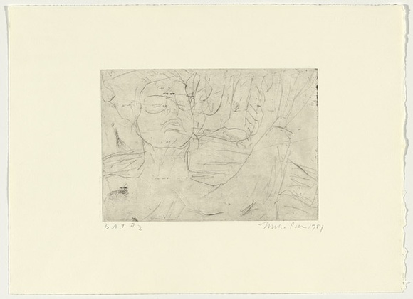 Artist: b'PARR, Mike' | Title: b'Gun into vanishing point 2' | Date: 1988-89 | Technique: b'drypoint and foul biting, printed in black ink, from one copper plate' Artist: b'PARR, Mike' | Title: b'Gun into vanishing point 2' | Date: 1988-89 | Technique: b'drypoint and foul biting, printed in black ink, from one copper plate'