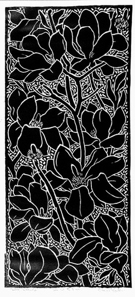 Artist: b'Hawkins, Weaver.' | Title: b'Tulip-magnolia' | Date: c.1967 | Technique: b'linocut, printed in black ink, from one block' | Copyright: b'The Estate of H.F Weaver Hawkins' Artist: b'Hawkins, Weaver.' | Title: b'Tulip-magnolia' | Date: c.1967 | Technique: b'linocut, printed in black ink, from one block' | Copyright: b'The Estate of H.F Weaver Hawkins'