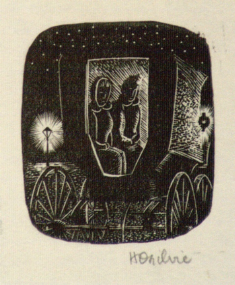 Artist: b'OGILVIE, Helen' | Title: b'not titled [Two women in horse drawn cab at night - a wood engraving used for an illustration on Page 21 of Flinders lane, Re' | Date: (1947) | Technique: b'wood-engraving, printed in black ink, from one block'