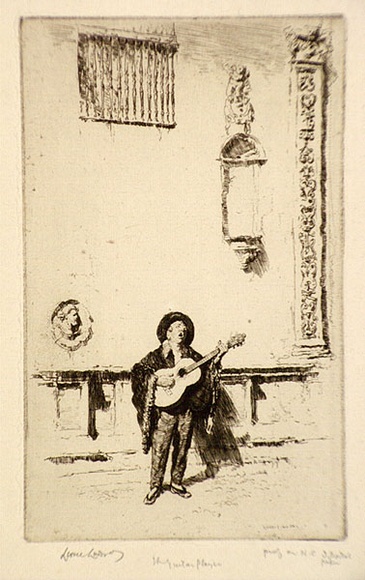 Artist: b'LINDSAY, Lionel' | Title: b'The guitar player' | Date: 1920 | Technique: b'etching, printed in warm black ink with plate-tone, from one plate' | Copyright: b'Courtesy of the National Library of Australia' Artist: b'LINDSAY, Lionel' | Title: b'The guitar player' | Date: 1920 | Technique: b'etching, printed in warm black ink with plate-tone, from one plate' | Copyright: b'Courtesy of the National Library of Australia'