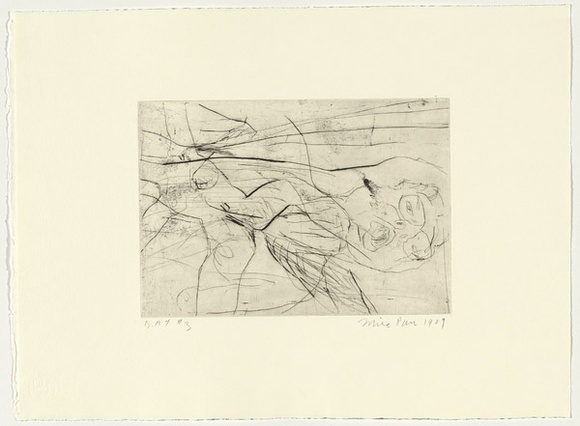 Artist: b'PARR, Mike' | Title: b'Gun into vanishing point 3' | Date: 1988-89 | Technique: b'drypoint and foul biting, printed in black ink, from one copper plate' Artist: b'PARR, Mike' | Title: b'Gun into vanishing point 3' | Date: 1988-89 | Technique: b'drypoint and foul biting, printed in black ink, from one copper plate'
