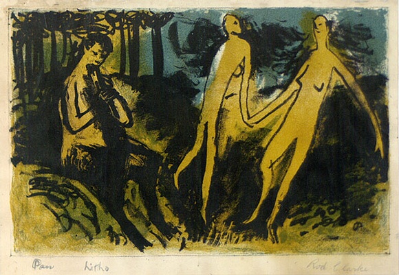 Artist: b'Clarke, Rod.' | Title: b'Pan.' | Date: (1955) | Technique: b'lithograph, printed in colour, from three plates' Artist: b'Clarke, Rod.' | Title: b'Pan.' | Date: (1955) | Technique: b'lithograph, printed in colour, from three plates'