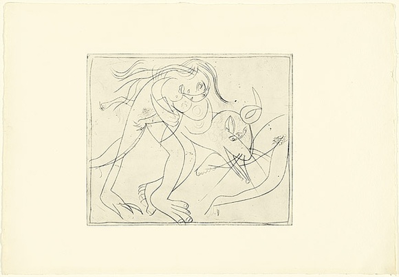 Artist: b'BOYD, Arthur' | Title: b'Nude holding back legs of a ram.' | Date: (1962-63) | Technique: b'drypoint, printed in black ink, from one plate' | Copyright: b'Reproduced with permission of Bundanon Trust' Artist: b'BOYD, Arthur' | Title: b'Nude holding back legs of a ram.' | Date: (1962-63) | Technique: b'drypoint, printed in black ink, from one plate' | Copyright: b'Reproduced with permission of Bundanon Trust'
