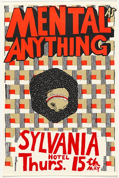 Artist: b'WORSTEAD, Paul' | Title: b'Mental as anything - Sylvania Hotel' | Date: 1980 | Technique: b'screenprint, printed in colour, from three stencils in orange, gold and black inks' | Copyright: b'This work appears on screen courtesy of the artist' Artist: b'WORSTEAD, Paul' | Title: b'Mental as anything - Sylvania Hotel' | Date: 1980 | Technique: b'screenprint, printed in colour, from three stencils in orange, gold and black inks' | Copyright: b'This work appears on screen courtesy of the artist'
