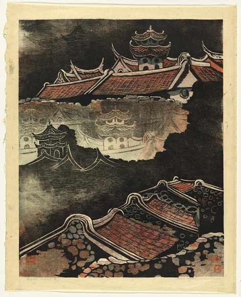 Artist: b'Thorpe, Lesbia.' | Title: b'Rooftops, Makung' | Date: 1977 | Technique: b'woodcut, printed in colour, from four blocks' Artist: b'Thorpe, Lesbia.' | Title: b'Rooftops, Makung' | Date: 1977 | Technique: b'woodcut, printed in colour, from four blocks'