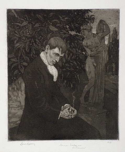 Artist: b'LINDSAY, Lionel' | Title: b'Norman Lindsay at Artarmon' | Date: 1911 | Technique: b'aquatint, etching and burnishing, printed in warm black ink, from one plate' | Copyright: b'Courtesy of the National Library of Australia' Artist: b'LINDSAY, Lionel' | Title: b'Norman Lindsay at Artarmon' | Date: 1911 | Technique: b'aquatint, etching and burnishing, printed in warm black ink, from one plate' | Copyright: b'Courtesy of the National Library of Australia'