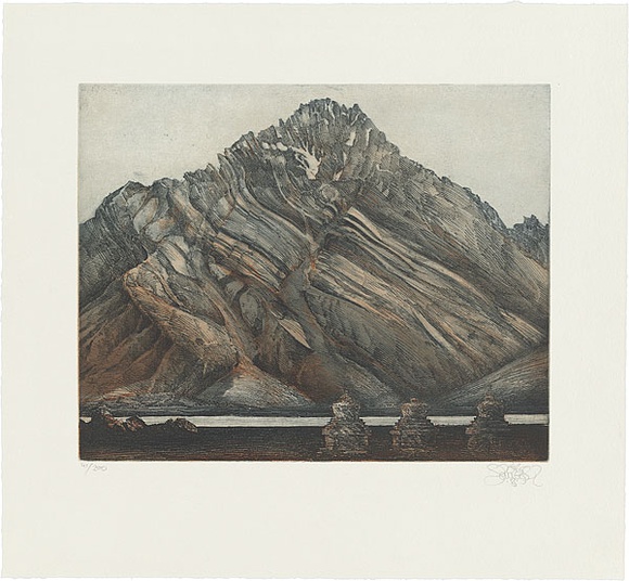 Artist: b'SCHMEISSER, Jorg' | Title: b'Mountain near Zulidok' | Date: 1985 | Technique: b'softground-etching and aquatint, printed in colour, from two plates' | Copyright: b'\xc2\xa9 J\xc3\xb6rg Schmeisser' Artist: b'SCHMEISSER, Jorg' | Title: b'Mountain near Zulidok' | Date: 1985 | Technique: b'softground-etching and aquatint, printed in colour, from two plates' | Copyright: b'\xc2\xa9 J\xc3\xb6rg Schmeisser'