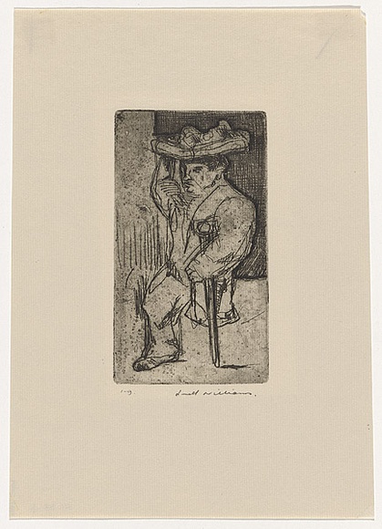 Artist: b'WILLIAMS, Fred' | Title: b'One legged pedlar' | Date: 1954-55 | Technique: b'etching, deep etch, engraving, printed in black ink, from one copper plate' | Copyright: b'\xc2\xa9 Fred Williams Estate' Artist: b'WILLIAMS, Fred' | Title: b'One legged pedlar' | Date: 1954-55 | Technique: b'etching, deep etch, engraving, printed in black ink, from one copper plate' | Copyright: b'\xc2\xa9 Fred Williams Estate'