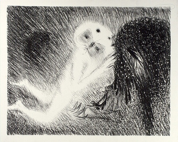 Artist: b'BOYD, Arthur' | Title: b'St Francis kissing the Wolf of Gubbio.' | Date: (1965) | Technique: b'lithograph, printed in black ink, from one plate' | Copyright: b'Reproduced with permission of Bundanon Trust' Artist: b'BOYD, Arthur' | Title: b'St Francis kissing the Wolf of Gubbio.' | Date: (1965) | Technique: b'lithograph, printed in black ink, from one plate' | Copyright: b'Reproduced with permission of Bundanon Trust'