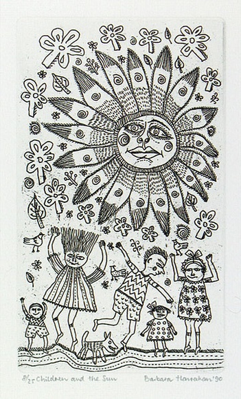 Artist: b'HANRAHAN, Barbara' | Title: b'Children and the sun' | Date: 1990 | Technique: b'etching, printed in black, with plate-tone, from one plate' Artist: b'HANRAHAN, Barbara' | Title: b'Children and the sun' | Date: 1990 | Technique: b'etching, printed in black, with plate-tone, from one plate'