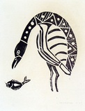 Artist: Puruntatameri, Patrick. | Title: Bird and fish | Date: 1971 | Technique: woodcut, printed in black ink, from one block