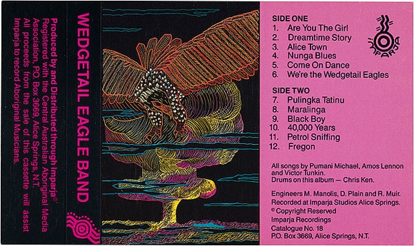 Artist: b'REDBACK GRAPHIX' | Title: b'Cassette cover: Wedgetail Eagle Band' | Date: 1980 | Technique: b'offset-lithograph, printed in four colour' Artist: b'REDBACK GRAPHIX' | Title: b'Cassette cover: Wedgetail Eagle Band' | Date: 1980 | Technique: b'offset-lithograph, printed in four colour'