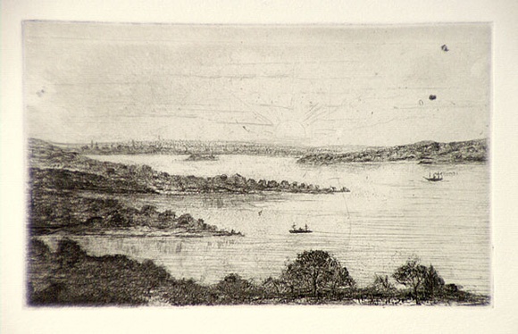 Artist: b'SIDMAN, William' | Title: bSydney from Watson's Bay | Date: 1890s | Technique: b'etching, printed in black ink with plate-tone, from one copper plate' Artist: b'SIDMAN, William' | Title: bSydney from Watson's Bay | Date: 1890s | Technique: b'etching, printed in black ink with plate-tone, from one copper plate'