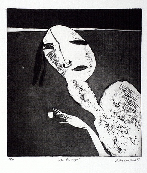 Artist: b'BALDESSIN, George' | Title: b'The tea cup.' | Date: 1967 | Technique: b'etching and aquatint, printed in black ink, from one plate' Artist: b'BALDESSIN, George' | Title: b'The tea cup.' | Date: 1967 | Technique: b'etching and aquatint, printed in black ink, from one plate'