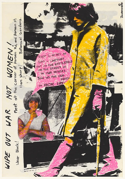 Artist: b'Fabyc, Deej.' | Title: b'Wipe out war not women!' | Date: 1983 | Technique: b'screenprint, printed in colour, from multiple stencils' Artist: b'Fabyc, Deej.' | Title: b'Wipe out war not women!' | Date: 1983 | Technique: b'screenprint, printed in colour, from multiple stencils'