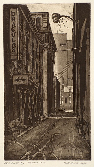 Artist: b'Irving, Tony.' | Title: b'Drewery Lane' | Date: 1990 | Technique: b'etching and aquatint, printed in black/brown ink, from one plate'