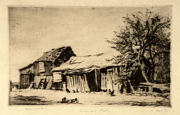 Artist: b'LINDSAY, Lionel' | Title: b'Barn and stable, Ambleside' | Date: 1924 | Technique: b'drypoint, printed in brown ink with plate-tone, from one plate' | Copyright: b'Courtesy of the National Library of Australia' Artist: b'LINDSAY, Lionel' | Title: b'Barn and stable, Ambleside' | Date: 1924 | Technique: b'drypoint, printed in brown ink with plate-tone, from one plate' | Copyright: b'Courtesy of the National Library of Australia'