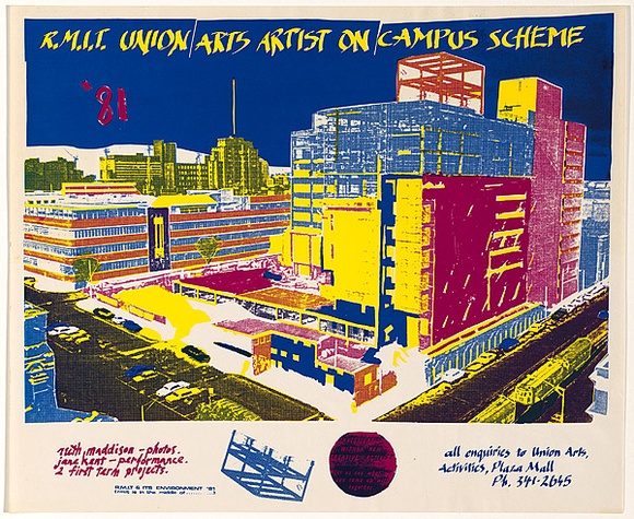 Title: b'RMIT union arts artist on campus scheme' | Date: c.1980-81 | Technique: b'screenprint, printed in colour, from three stencils' Title: b'RMIT union arts artist on campus scheme' | Date: c.1980-81 | Technique: b'screenprint, printed in colour, from three stencils'