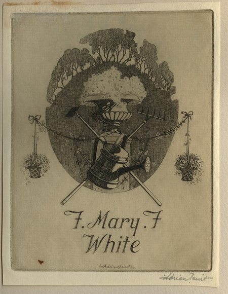 Artist: b'FEINT, Adrian' | Title: b'Bookplate: F. Mary F. White.' | Date: (1924) | Technique: b'etching, printed in brown ink with plate-tone, from one plate' | Copyright: b'Courtesy the Estate of Adrian Feint' Artist: b'FEINT, Adrian' | Title: b'Bookplate: F. Mary F. White.' | Date: (1924) | Technique: b'etching, printed in brown ink with plate-tone, from one plate' | Copyright: b'Courtesy the Estate of Adrian Feint'