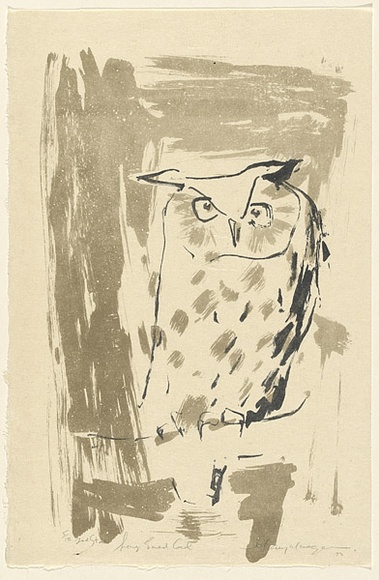Artist: b'MACQUEEN, Mary' | Title: b'Long eared owl' | Date: 1973 | Technique: b'lithograph, printed in colour, from two plates; black and grey/green ink' | Copyright: b'Courtesy Paulette Calhoun, for the estate of Mary Macqueen' Artist: b'MACQUEEN, Mary' | Title: b'Long eared owl' | Date: 1973 | Technique: b'lithograph, printed in colour, from two plates; black and grey/green ink' | Copyright: b'Courtesy Paulette Calhoun, for the estate of Mary Macqueen'