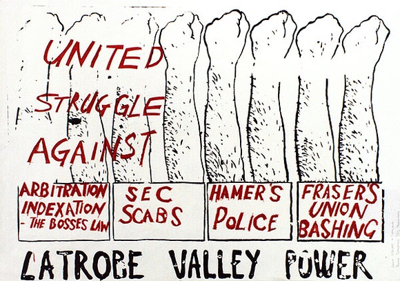 Artist: b'Wonderful Art Nuances Club (WANC).' | Title: bLa Trobe Valley power. (Poster supporting SEC maintenance workers' strike, La Trobe Valley, Victoria, 1977). | Date: (1977) | Technique: b'screenprint, printed in colour, from two stencils' Artist: b'Wonderful Art Nuances Club (WANC).' | Title: bLa Trobe Valley power. (Poster supporting SEC maintenance workers' strike, La Trobe Valley, Victoria, 1977). | Date: (1977) | Technique: b'screenprint, printed in colour, from two stencils'