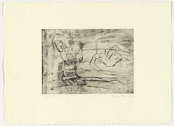Artist: b'PARR, Mike' | Title: b'Gun into vanishing point 23' | Date: 1988-89 | Technique: b'drypoint and foul biting, printed in black ink, from one copper plate' Artist: b'PARR, Mike' | Title: b'Gun into vanishing point 23' | Date: 1988-89 | Technique: b'drypoint and foul biting, printed in black ink, from one copper plate'