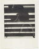 Artist: BALDESSIN, George | Title: (Seated female nude juxtaposed with horizontal stripes). | Date: 1968 | Technique: etching and aquatint, printed in black ink, from one plate