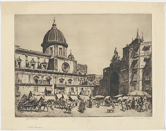Artist: b'LINDSAY, Lionel' | Title: b'Porta Capuana, Naples' | Date: 1927 | Technique: b'etching and aquatint, printed in brown ink with plate-tone, from one plate' | Copyright: b'Courtesy of the National Library of Australia' Artist: b'LINDSAY, Lionel' | Title: b'Porta Capuana, Naples' | Date: 1927 | Technique: b'etching and aquatint, printed in brown ink with plate-tone, from one plate' | Copyright: b'Courtesy of the National Library of Australia'