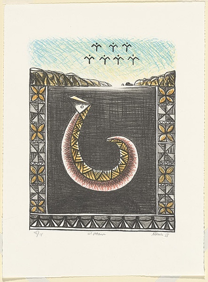 Artist: bFeu'u, Fatu | Title: b'Matau.' | Date: 1988 | Technique: b'lithograph, printed in colour, from multiple stones' | Copyright: b\xc2\xa9 Fatu Feu'u Artist: bFeu'u, Fatu | Title: b'Matau.' | Date: 1988 | Technique: b'lithograph, printed in colour, from multiple stones' | Copyright: b\xc2\xa9 Fatu Feu'u