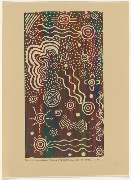 Artist: b'Leslie, Lawrence.' | Title: b'Kolle Bunnagella Yarula (The water runs over the stones)' | Date: 1980s | Technique: b'screenprint, printed in colour, from multiple stencils' Artist: b'Leslie, Lawrence.' | Title: b'Kolle Bunnagella Yarula (The water runs over the stones)' | Date: 1980s | Technique: b'screenprint, printed in colour, from multiple stencils'