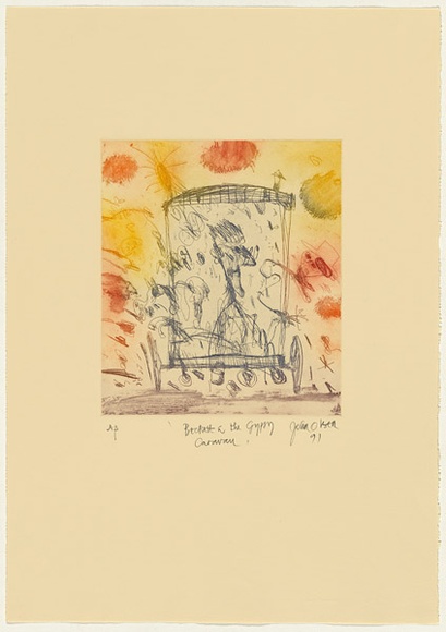 Artist: Olsen, John. | Title: Beckett and the gypsy caravan | Date: 1991 | Technique: etching, aquatint, printed in colour with plate-tone, from one plate | Copyright: © John Olsen. Licensed by VISCOPY, Australia
