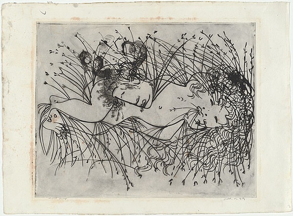 Artist: b'BOYD, Arthur' | Title: bFigure and ram's head in a cornfield. | Date: (1968-69) | Technique: b'etching, printed in black ink, from one plate' | Copyright: b'Reproduced with permission of Bundanon Trust' Artist: b'BOYD, Arthur' | Title: bFigure and ram's head in a cornfield. | Date: (1968-69) | Technique: b'etching, printed in black ink, from one plate' | Copyright: b'Reproduced with permission of Bundanon Trust'