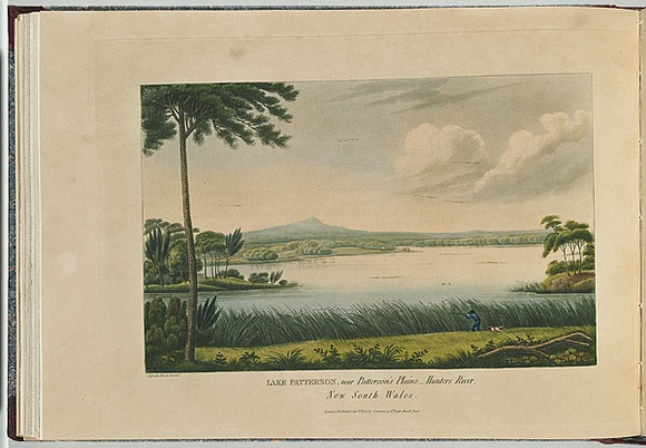 Artist: b'Lycett, Joseph.' | Title: bLake Patterson, near Patterson's Plains, Hunters River, New South Wales. | Date: 1824 | Technique: b'etching, aquatint and roulette, printed in black ink, from one plate; hand-coloured' Artist: b'Lycett, Joseph.' | Title: bLake Patterson, near Patterson's Plains, Hunters River, New South Wales. | Date: 1824 | Technique: b'etching, aquatint and roulette, printed in black ink, from one plate; hand-coloured'