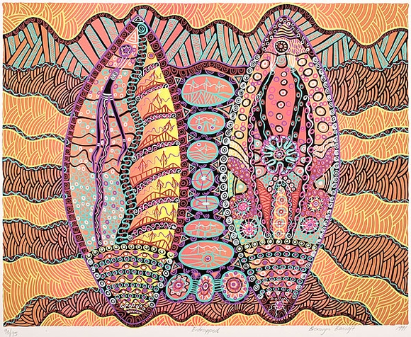 Artist: b'Bancroft, Bronwyn.' | Title: b'Entrapped.' | Date: 1991 | Technique: b'screenprint, printed in colour, from multiple screens' | Copyright: b'\xc2\xa9 Bronwyn Bancroft. Licensed by VISCOPY, Australia' Artist: b'Bancroft, Bronwyn.' | Title: b'Entrapped.' | Date: 1991 | Technique: b'screenprint, printed in colour, from multiple screens' | Copyright: b'\xc2\xa9 Bronwyn Bancroft. Licensed by VISCOPY, Australia'