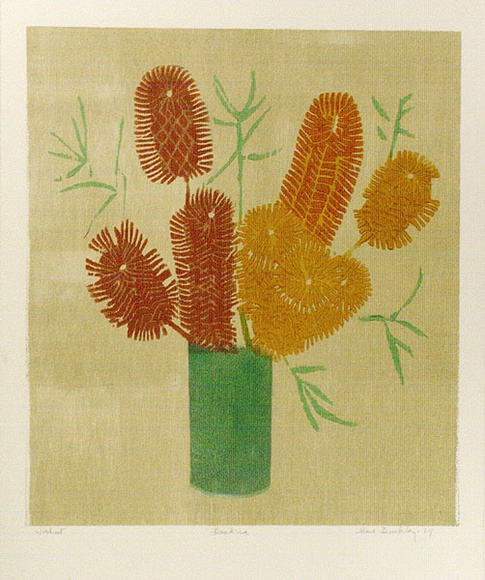 Artist: b'Buckley, Sue.' | Title: b'Banksia.' | Date: 1979 | Technique: b'woodcut, printed in colour, from multiple blocks' | Copyright: b'This work appears on screen courtesy of Sue Buckley and her sister Jean Hanrahan' Artist: b'Buckley, Sue.' | Title: b'Banksia.' | Date: 1979 | Technique: b'woodcut, printed in colour, from multiple blocks' | Copyright: b'This work appears on screen courtesy of Sue Buckley and her sister Jean Hanrahan'