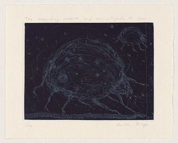 Artist: b'Bragge, Anita.' | Title: b'The expanding universe and the millipede of time' | Date: 1999 | Technique: b'etching, relief printed in blue ink, from one plate' Artist: b'Bragge, Anita.' | Title: b'The expanding universe and the millipede of time' | Date: 1999 | Technique: b'etching, relief printed in blue ink, from one plate'