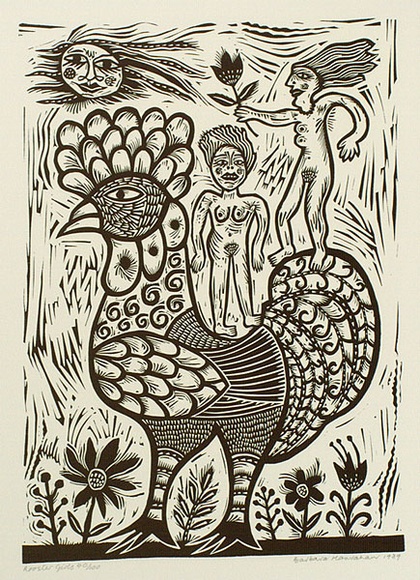 Artist: b'HANRAHAN, Barbara' | Title: b'Rooster girls.' | Date: 1989 | Technique: b'linocut, printed in black ink, from one block' Artist: b'HANRAHAN, Barbara' | Title: b'Rooster girls.' | Date: 1989 | Technique: b'linocut, printed in black ink, from one block'
