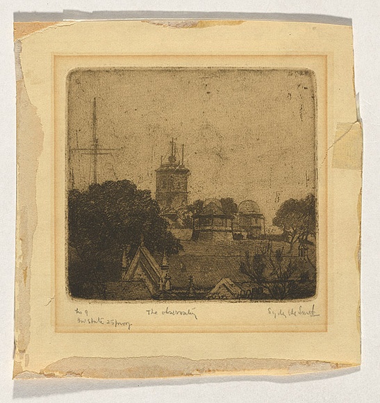 Artist: b'URE SMITH, Sydney' | Title: b'The observatory' | Date: 1919 | Technique: b'etching and aquatint, printed in brown ink with plate-tone, from one plate' Artist: b'URE SMITH, Sydney' | Title: b'The observatory' | Date: 1919 | Technique: b'etching and aquatint, printed in brown ink with plate-tone, from one plate'