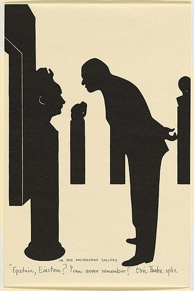 Artist: b'Thake, Eric.' | Title: b'Greeting card: Christmas (Epstein, Einstein? I can never remember! In the Melbourne Gallery)' | Date: 1962 | Technique: b'linocut, printed in black ink, from one block' Artist: b'Thake, Eric.' | Title: b'Greeting card: Christmas (Epstein, Einstein? I can never remember! In the Melbourne Gallery)' | Date: 1962 | Technique: b'linocut, printed in black ink, from one block'