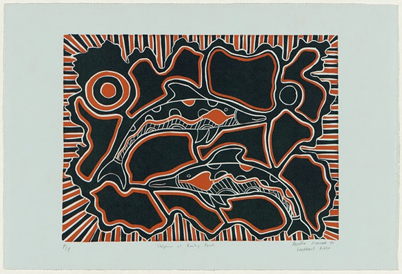 Artist: b'Namok, Rosella.' | Title: b'Dolphin at Rocky Point' | Date: 1997, November | Technique: b'linocut, printed in orange and navy blue ink, from multiple blocks' Artist: b'Namok, Rosella.' | Title: b'Dolphin at Rocky Point' | Date: 1997, November | Technique: b'linocut, printed in orange and navy blue ink, from multiple blocks'