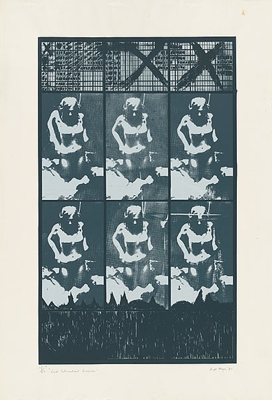 Artist: b'MEYER, Bill' | Title: b'Linda international dissolves' | Date: 1972 | Technique: b'screenprint, printed in three colours, from two hand-cut stencils and one photo ortho stencil and one hand drawn with charcoal on acetate for indirect photo stencil' | Copyright: b'\xc2\xa9 Bill Meyer' Artist: b'MEYER, Bill' | Title: b'Linda international dissolves' | Date: 1972 | Technique: b'screenprint, printed in three colours, from two hand-cut stencils and one photo ortho stencil and one hand drawn with charcoal on acetate for indirect photo stencil' | Copyright: b'\xc2\xa9 Bill Meyer'