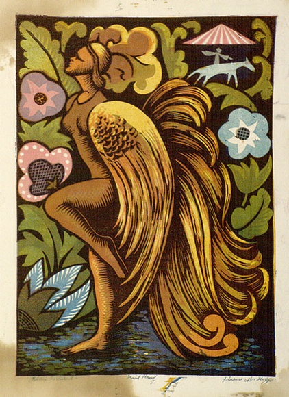Artist: b'Higgs, Florence.' | Title: b'Golden cockerel' | Date: 1956 | Technique: b'linocut, printed in colour, from six blocks' Artist: b'Higgs, Florence.' | Title: b'Golden cockerel' | Date: 1956 | Technique: b'linocut, printed in colour, from six blocks'