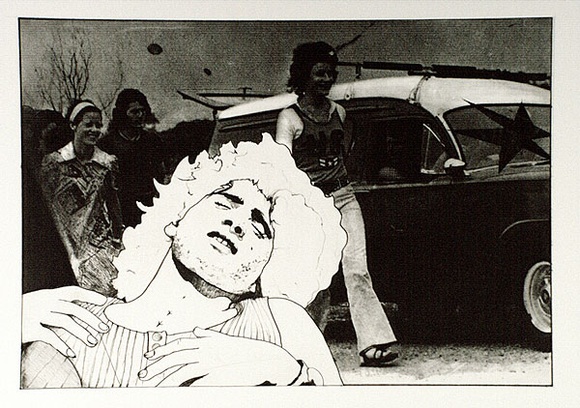 Artist: b'SHOMALY, Alberr' | Title: b'(Alberr in foreground - 3 figures & car)' | Date: 1973 | Technique: b'photo-etching and etching, printed in black ink, from one plate' Artist: b'SHOMALY, Alberr' | Title: b'(Alberr in foreground - 3 figures & car)' | Date: 1973 | Technique: b'photo-etching and etching, printed in black ink, from one plate'