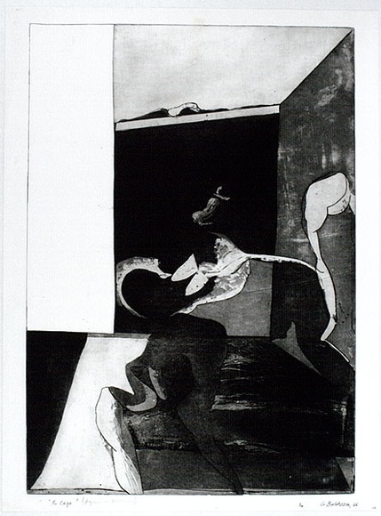 Artist: b'BALDESSIN, George' | Title: b'The cage (figure in enclosure).' | Date: 1966 | Technique: b'etching and aquatint, printed in black ink, from one plate' Artist: b'BALDESSIN, George' | Title: b'The cage (figure in enclosure).' | Date: 1966 | Technique: b'etching and aquatint, printed in black ink, from one plate'