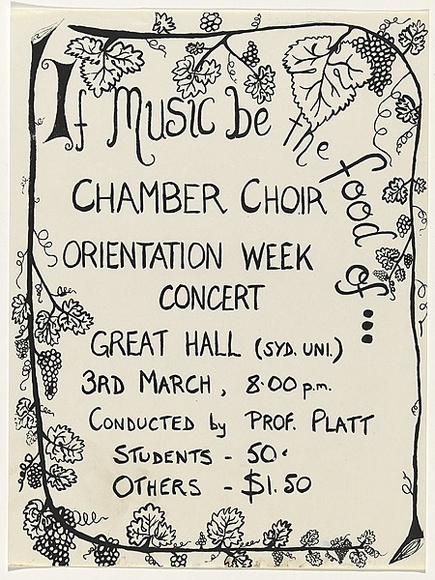 Artist: b'UNKNOWN' | Title: b'If music be the food of...Chamber Choir, Orientation Week Concert.' | Date: 1979 | Technique: b'screenprint, printed in black ink, from one stencil' Artist: b'UNKNOWN' | Title: b'If music be the food of...Chamber Choir, Orientation Week Concert.' | Date: 1979 | Technique: b'screenprint, printed in black ink, from one stencil'