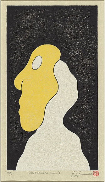 Artist: b'Harris, Brent.' | Title: b'Grotesquerie 7' | Date: 2002 | Technique: b'woodcut, printed in three colours in the Japanese manner, from multiple blocks' Artist: b'Harris, Brent.' | Title: b'Grotesquerie 7' | Date: 2002 | Technique: b'woodcut, printed in three colours in the Japanese manner, from multiple blocks'